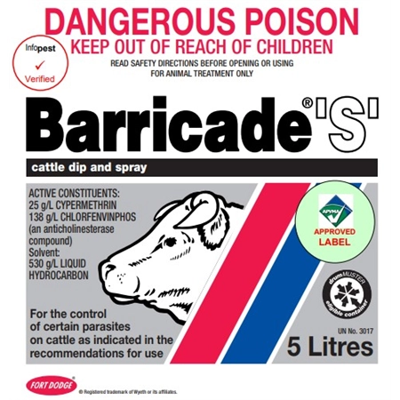 BARRICADE S 5LT S7 CYPERMETHRIN 25G/L CHORFENVINPHOS 138G/L ZOETIS