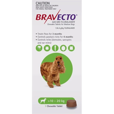 BRAVECTO 10-20KG DOG, SINGLE CHEWABLE TREAT (GREEN) 09322839022673