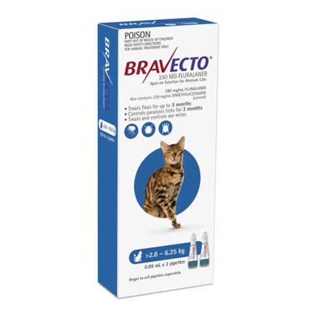 BRAVECTO SPOT ON FOR CATS 2.8 - 6.25KG 2PK (BLUE) 197221