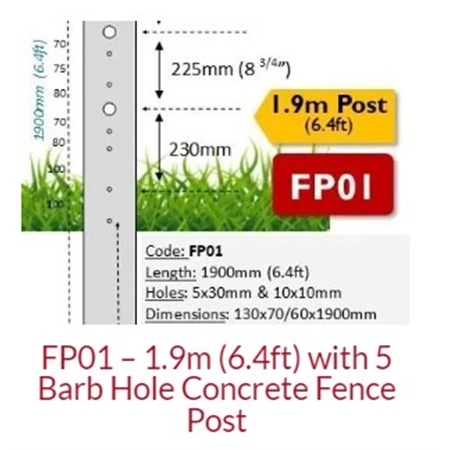 CONCRETE POST 130MM X 1.90M 6.4FT 5 X 30MM 10 X 10MM 36KG YELLOW FP01