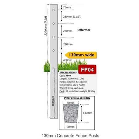 CONCRETE POST 130MM X 2.2M 7FT 4 X 30MM 1X10MM HOLES 41KG RED FP04 ACP