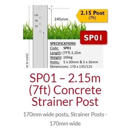 CONCRETE STRAINER POST 170MM X 2.2M (7.2FT) - 5/5 HOLES 106KG ACP SP01