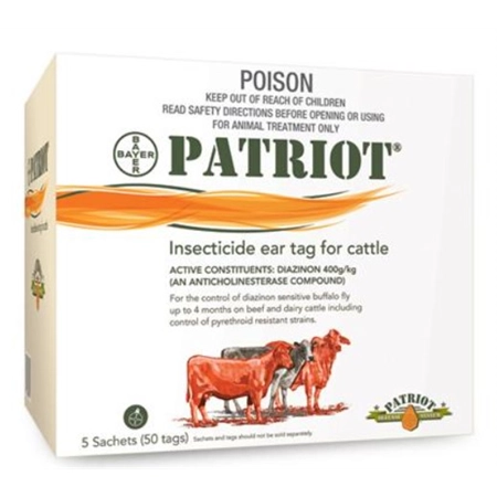 EAR TAG PATRIOT INSECTICIDAL FLY EAR TAGS 50PK ORGANO PHOSPHATE BAYER