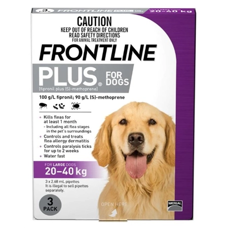 FRONTLINE PLUS FLEA & TICK SPOT ON FOR LARGE DOGS 20-40KG 3PK (PURPLE)