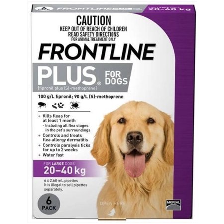 FRONTLINE PLUS FLEA & TICK SPOT ON FOR LARGE DOGS 20-40KG 6PK (PURPLE)