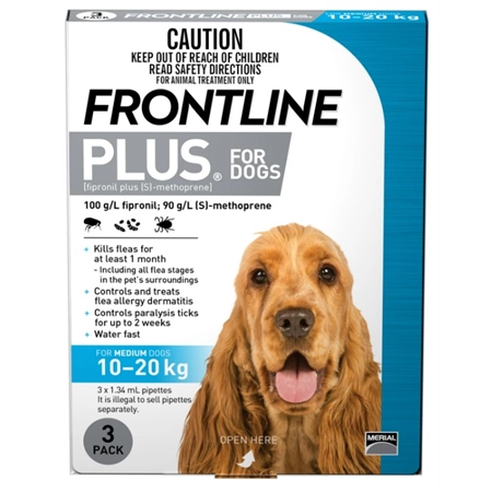FRONTLINE PLUS FLEA & TICK SPOT ON FOR MEDIUM DOGS 10-20KG 3PK (BLUE)