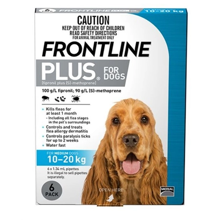 FRONTLINE PLUS FLEA & TICK SPOT ON FOR MEDIUM DOGS 10-20KG 6PK (BLUE)