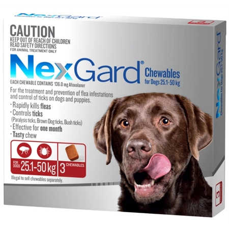 NEXGARD CHEWABLE FLEA & TICK TREATMENT LARGE DOGS 25 - 50KG 3PK (RED) 