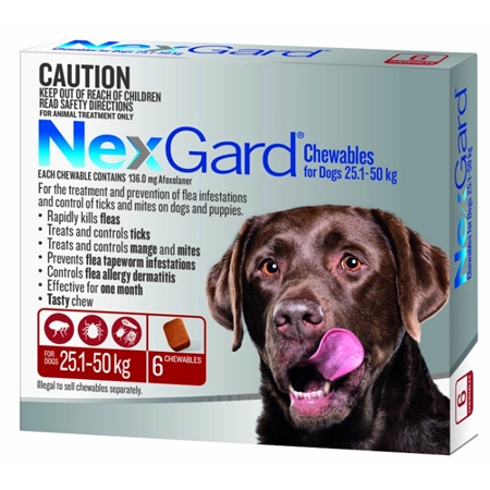 NEXGARD CHEWABLE FLEA & TICK TREATMENT LARGE DOGS 25 - 50KG 6PK (RED)