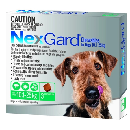NEXGARD CHEWABLE FLEA & TICK TREATMENT MEDIUM DOG 10.1 - 25KG 3PK (GR)
