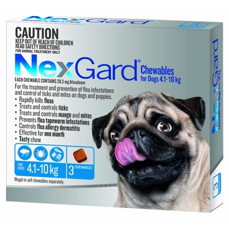 NEXGARD CHEWABLE FLEA & TICK TREATMENT SMALL DOG 4.1 - 10KG 3PK (BLUE)