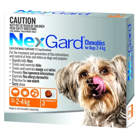 NEXGARD CHEWABLE FLEA & TICK TREATMENT VERY SMALL DOG 2 - 4KG 3PK (OR)