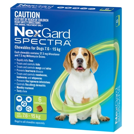 NEXGARD SPECTRA DOG 7.6 -15KG 6 PACK (GREEN) 100535944